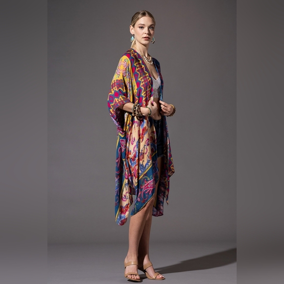 Colorful Floral Paisley & Geometric Print Kimono - Soft & Silky - Lightweight - Picture 7 of 8
